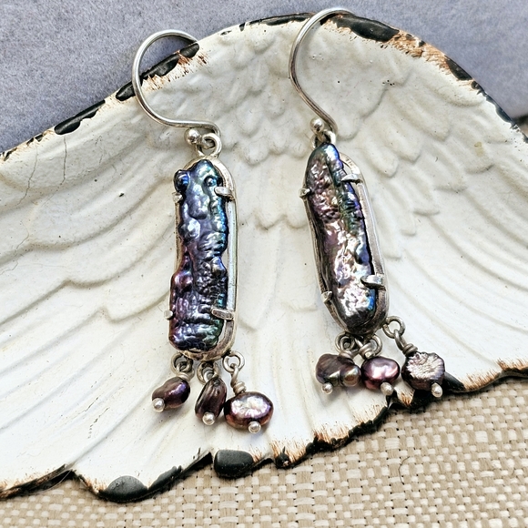 Peacock Stick Natural Pearls Dangle Earrings 925 - Picture 2 of 15